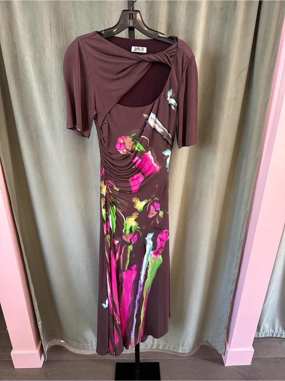 AMUR Brown Midi Dress with Pink and Green Floral Brushstrokes